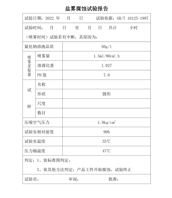 鹽霧試驗報告